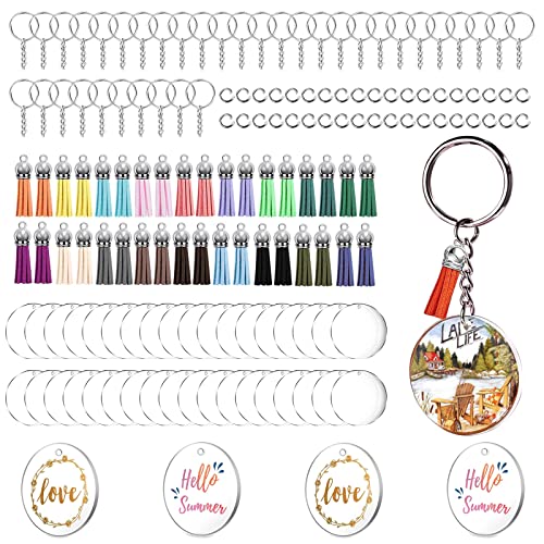 144 Stück Acryl Schlüsselbund Set Transparent Kreis mit Quasten Anhänger, infolody DIY Acryl Schlüsselbund Rohlinge Runde mit Leder Quaste Mehrfarige, Schlüsselringe mit Kette, Biegeringe Cover