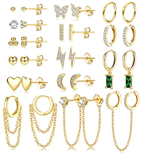 LOYALLOOK 29Pcs 14K Gold Plated Studs Earrings and Hoops Set for Women Huggie Hoop Studs Earrings Set Dainty Minimalist Moon Heart Butterfly CZ Ball Small Dangle Chain Hoop Earrings Set for Multiple Piercing