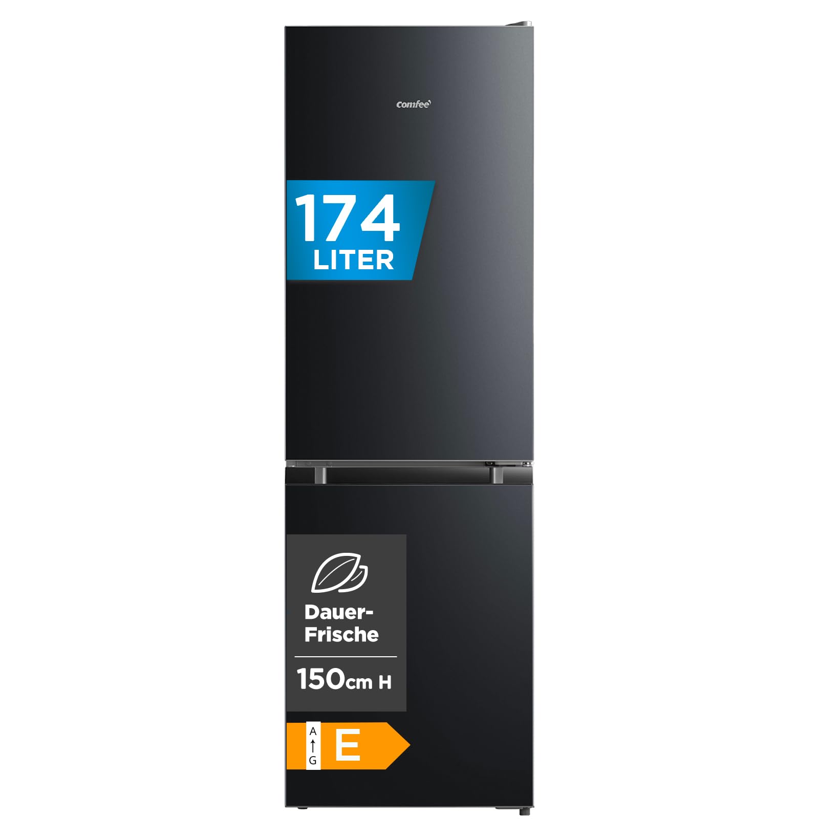 Comfee‘ Kühlschrank mit Gefrierfach RCB169DK2(E) | 174L Kühl-Gefrierkombination (115L Kühlteil + 59L Gefrierteil), 150 cm Höhe | 195 kWh/Jahr, Low Frost, Leise 39 dB | LED-Licht | Freistehend, Schwarz