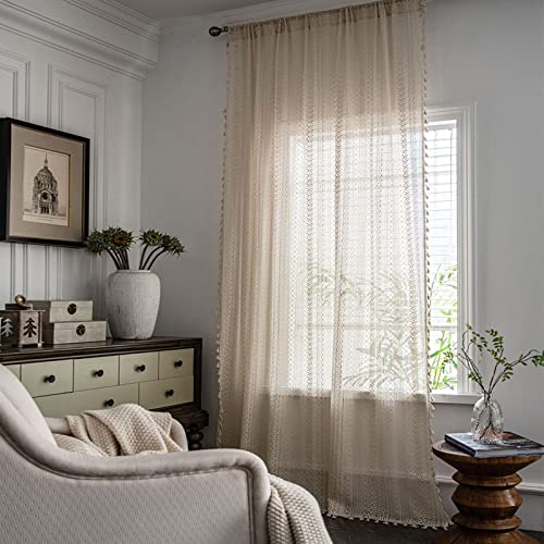 Bhusb Farmhouse Crochet Knitting Curtains Tassels 84 Inches Long,Rod Pocket Bohemian Cotton Lace Window Drapes For Bedroom Living Room Decoration,2 Panels,52 X 84 Inches #TOP4