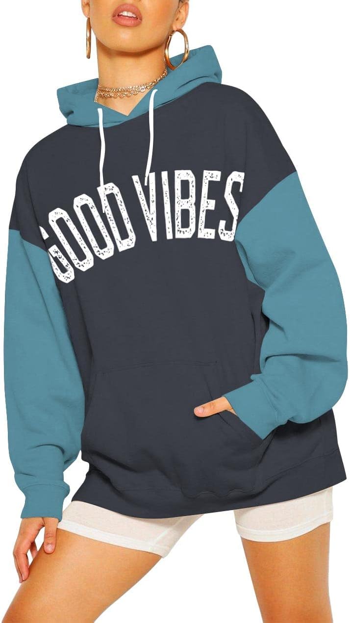 PESION Womens Pullover Hoodies Oversized Graphic Color Block Novelty Hoodie Sweatshirts with Pockets