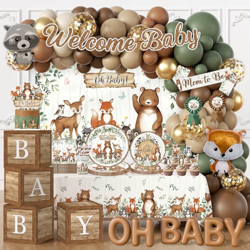 Woodland Baby Shower Decorations,273pcs Woodland Animals Baby Shower Decorations With Plates and Napkins Cups Tablecloth Backdrop Balloon Arch Cake Toppers for Woodland Creatures Baby Shower Supplies