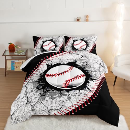 UEVBF Baseball Comforter Sports Bedding Sets for Boys,Sports Gamer Bedding Set for Kids Girls Boys Room Decor,Black White Baseball Printed Full Bed Comforter Set with 2 Pillowcases.