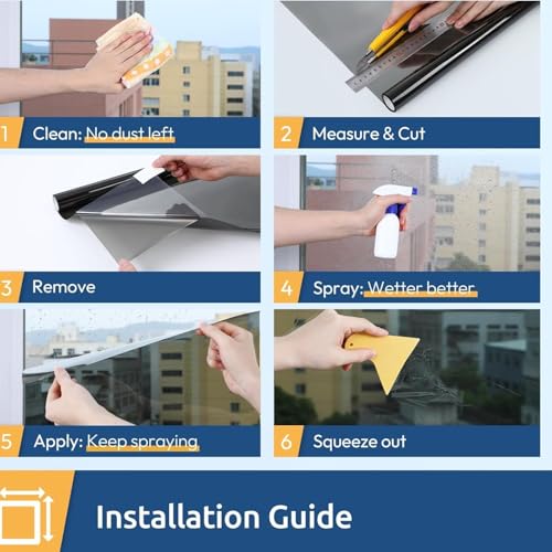 Image of WALLMATE One Way Window Privacy Film, Static Cling Removable Non-Adhesive UV Sun Heat Blocking Reflective Mirror Film, See Out Not in for Home and Office (Silver Black Film, 20x150 in)