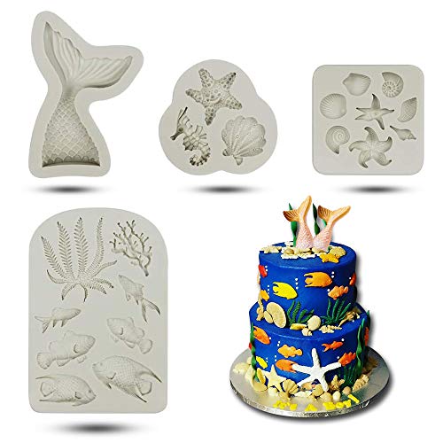 Marine Theme Fondant Cake Mold-Mermaid Tail Seashell Seahorse Seaweed Fish Starfish Coral Conch Silicone Mold For Under The Sea Cake Decoration Candy Chocolate Polymer Clay Sugar Craft Cupcake Topper