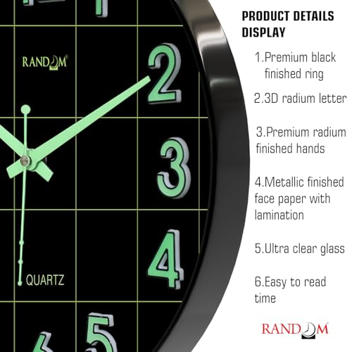Image of RANDOM Modern 12.75INCH Wall Clock with 3D Radium Numbers, Silent Non-Ticking, Premium Black Frame, Ultra Clear Glass for Living Room, Home Office