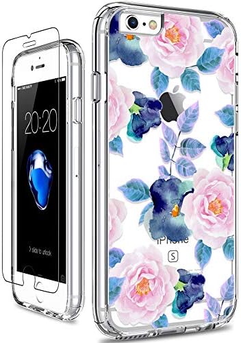 GiiKaiPhone 6 6s Case with Screen Protector, Clear Heavy Duty Protective Case Floral Girls Women Shockproof Hard PC Back Case with Slim TPU Bumper Cover Phone Case for iPhone 6s, Pink Blue Flowers
