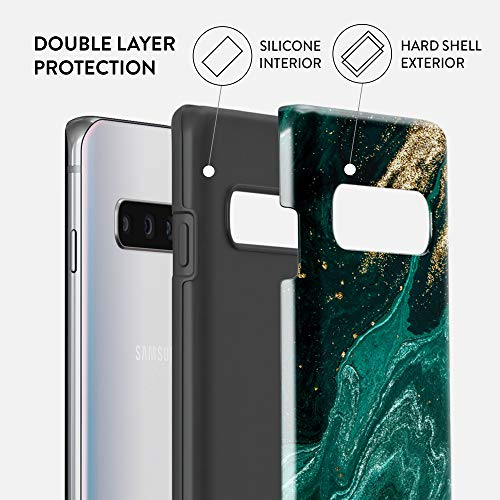 Burga Phone Case Compatible With Samsung Galaxy S10 Plus - Hybrid 2-Layer Hard Shell + Silicone Protective Case -Emerald Green Jade Stone Gold Glitter Marble - Scratch-Resistant Shockproof Cover #TOP2
