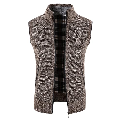 Men Sleeveless Full Zip Sweater Vest Lightweight Knitted Thermal Cardigan Causal Slim Fit V Neck Vests with Pocket (CoffeeGrey2,Large)