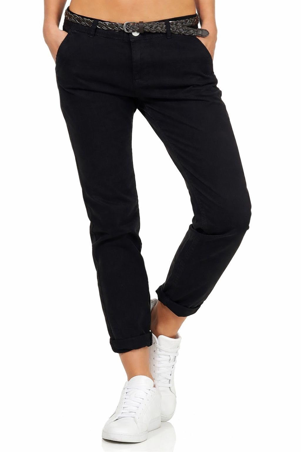 Sublevel Damen Boyfriend Chino Hose Stoffhose inkl. Gürtel