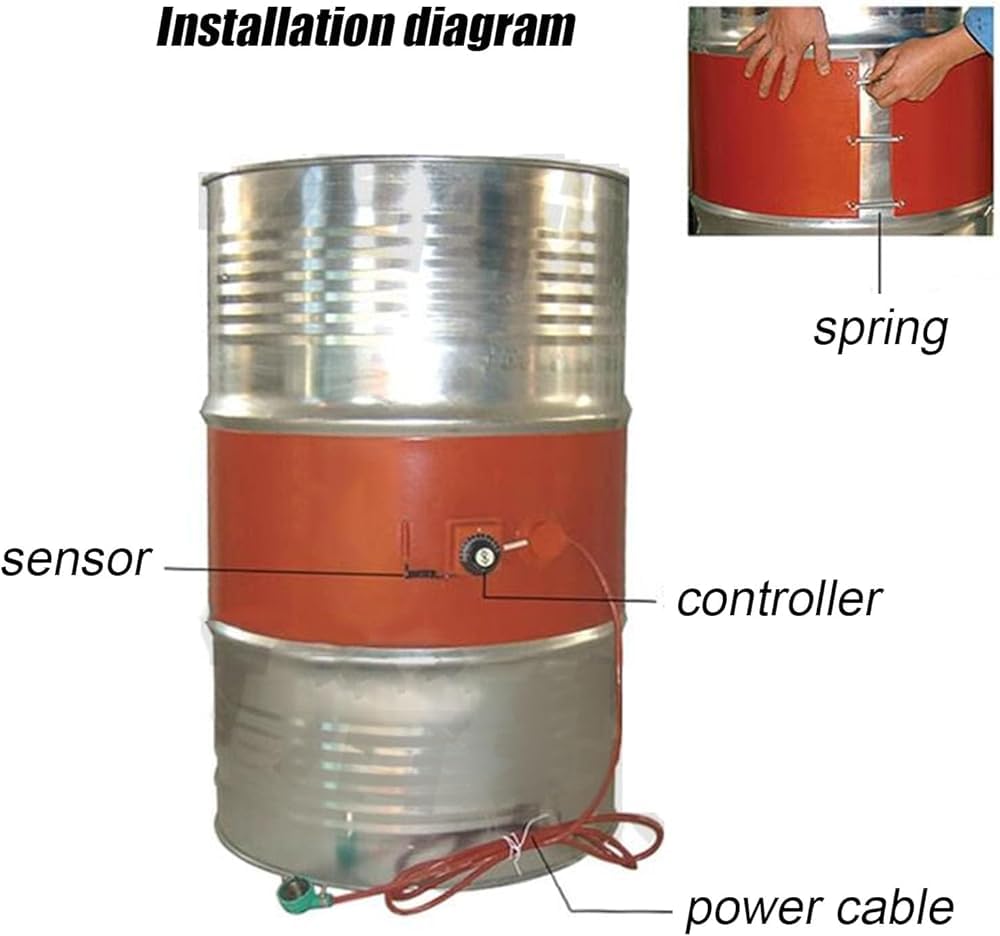 Riscaldatore industriale in metallo da 200 litri con termostato regolabile e isolamento in silicone, ideale per il riscaldamento di fusti di grasso di fabbrica (dimensioni: 174 x 12,5 cm)