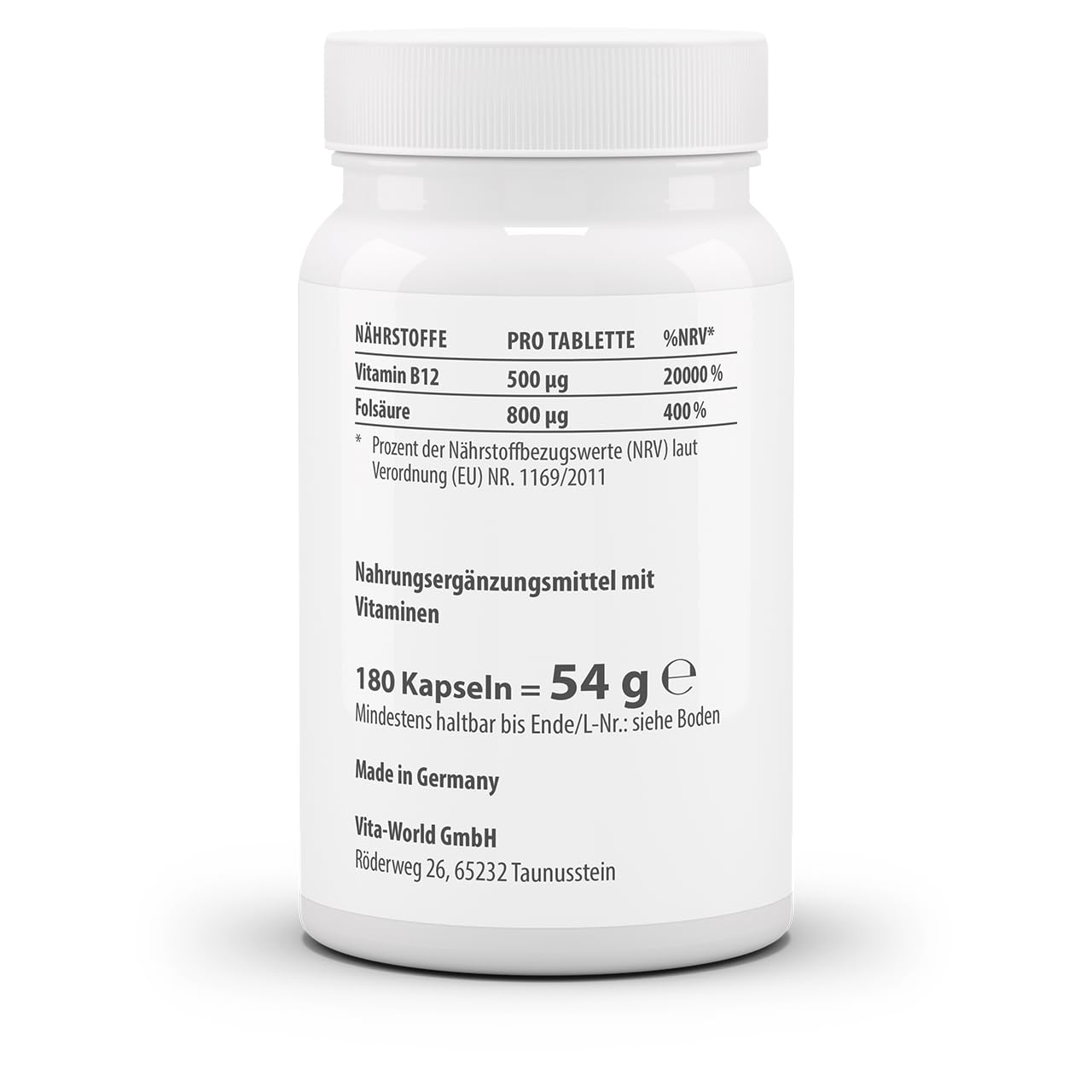 3er Pack Vita World Vitamin B12 500 µg + Folsäure 800 µg 3 x 180 Tabletten Vegan/Vegetarisch Apotheker-Herstellung