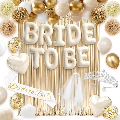 Bachelorette Party Decorations, 44Pcs Sand White Bridal Shower Decorations Include Bride to be Balloons Sash Veil Crown and Heart Balloon Fringe Curtain for Bachelorette Engagement Wedding Decoration