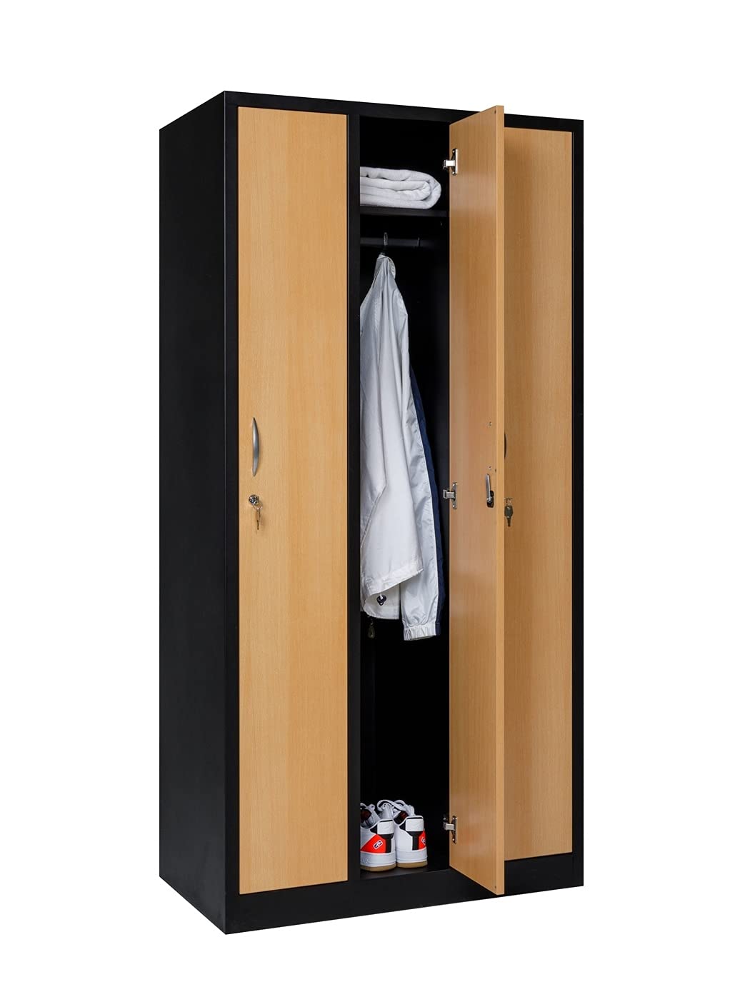 furni24 Garderobenschrank 90 cm x 50 cm x 180 cm schwarz/buche 3-türig 30 cm Abteilbreite fertig montiert Verschiedene Ausführungen verfügbar