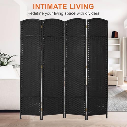 4 Panel Room Divider Freestanding Partition Room Dividers and Folding Privacy Screens Indoor and Outdoor Wood Frame Partition Waterproof Wall Divider Metal Hinge, Black