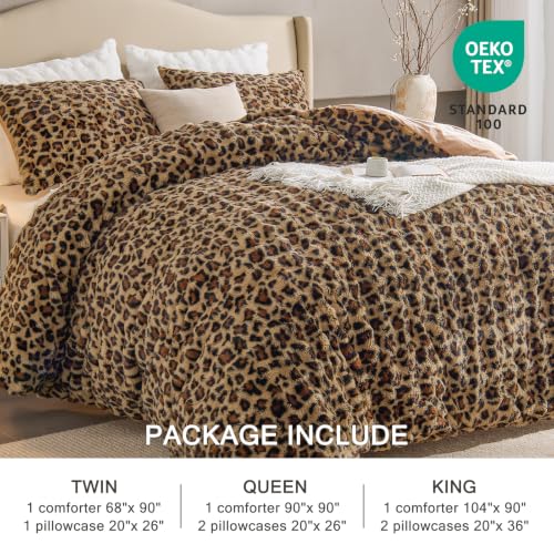 Image of EMME Fluffly Faux Rabbit Fur Bubble Comforter Set Queen, Leopard Print