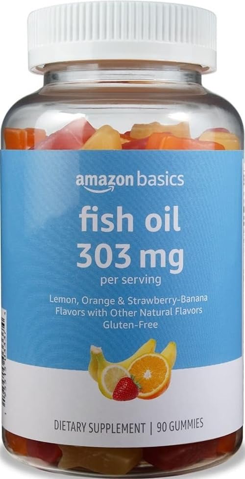 Image of Amazon Basics Fish Oil 303 mg, Soft Chew Gummies, Lemon, Orange & Strawberry-Banana Flavors, 90 Count, EPA and DHA Omega-3 Fatty Acids (Previously Solimo)