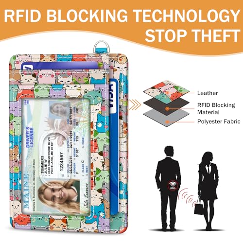 Image of Yonlevres Cat Credit Card Holder Slim RFID Wallet Women Small Travel Cute | Front Pocket, Handy, RFID Blocking, Woman Girls Ladies Gifts, D-ring for Keychain,Thin Mini Card Case, ID Window, PU Leather