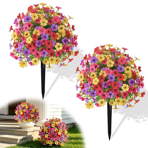 Kenmohuo 2Pcs 23 Artificial Topiary Ball Flowers Outdoor UV Resistant Fake Plants with Ground Spike Realistic Boxwood Violet Bushes Trees for Spring Garden Porch Patio & Yard Decor (Mix Colors)