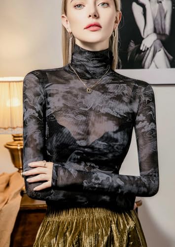 METWAY Black Sheer Top for Women Mesh Long Sleeve Top Lace Turtleneck See Through Undershirt Sexy Blouse Going OutParty Club Shirt (Bird, M) — view 4