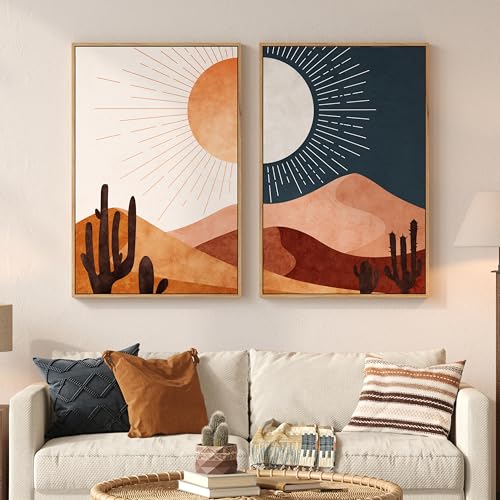 Large Framed Boho Desert Wall Art for Living Room, Set