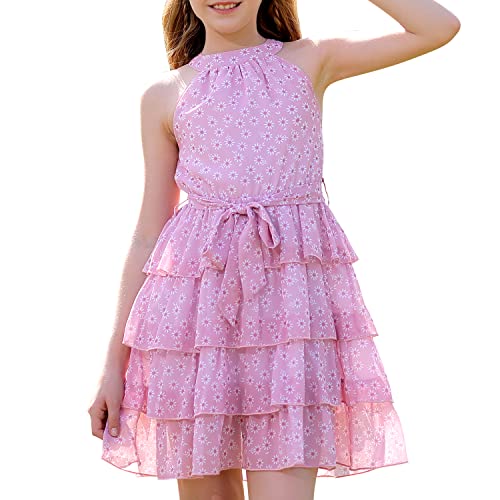 Girls Floral Ruffle Dress Halter Neck Kids Summer Chiffon Dress with Belt