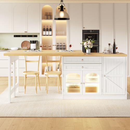 Merax Extendable Kitchen Island with Dining Table, 120–194 cm 360° Rotating Extendable Table, Kitchen Cabinet with Glass Doors, 2 Drawers, Adjustable Shelves & Door Storage, Breakfast Bar Table, White
