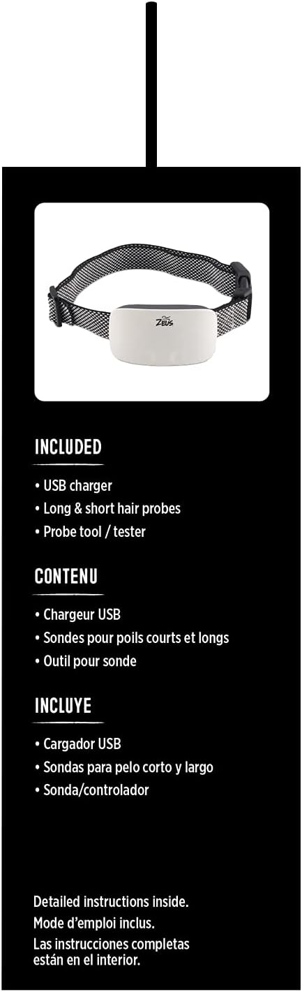 Included accessories for the ZEUS Ranger SC Anti-Bark Collar, including USB charger, long and short probes, and probe tool.