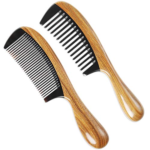 Onedor 100% Handmade Natural Green Sandalwood With Buffalo Horn Hair Combs - Anti-Static Sandalwood Scent Natural Hair Detangler Wooden Combs (Buffalo Horn Wide & Fine Tooth) #TOP20