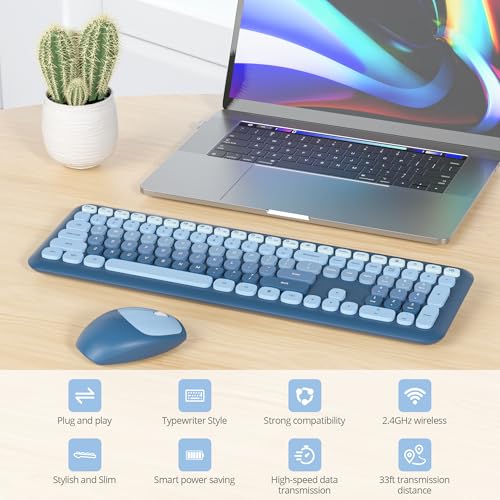 Vumilstek Blue Quiet Keyboard and Mouse Wireless, Full Size Silent Keyboard Cute Typewriter American QWERTY 2.4G Cordless Round Keys for Office Home Dorm PC/Laptop/Desktop(Ocean Blue)