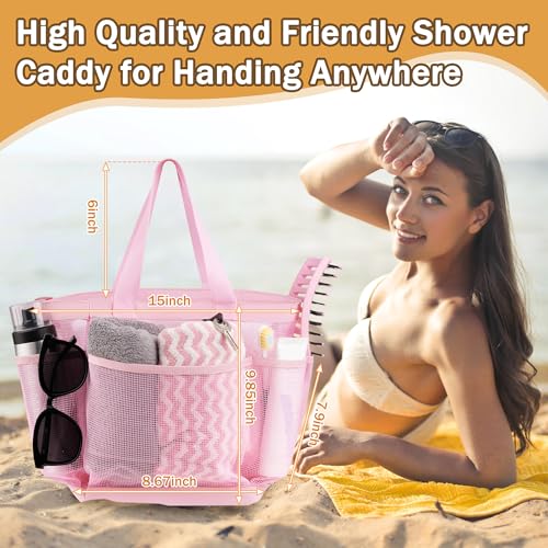 PARIERIS Mesh Shower Caddy Portable for College Dorm Room Essentials with 8 Pockets, Hanging Caddy Dorm Basket, Quick Dry Shower Bag for Bathroom (Pink, 1Pack) — view 2