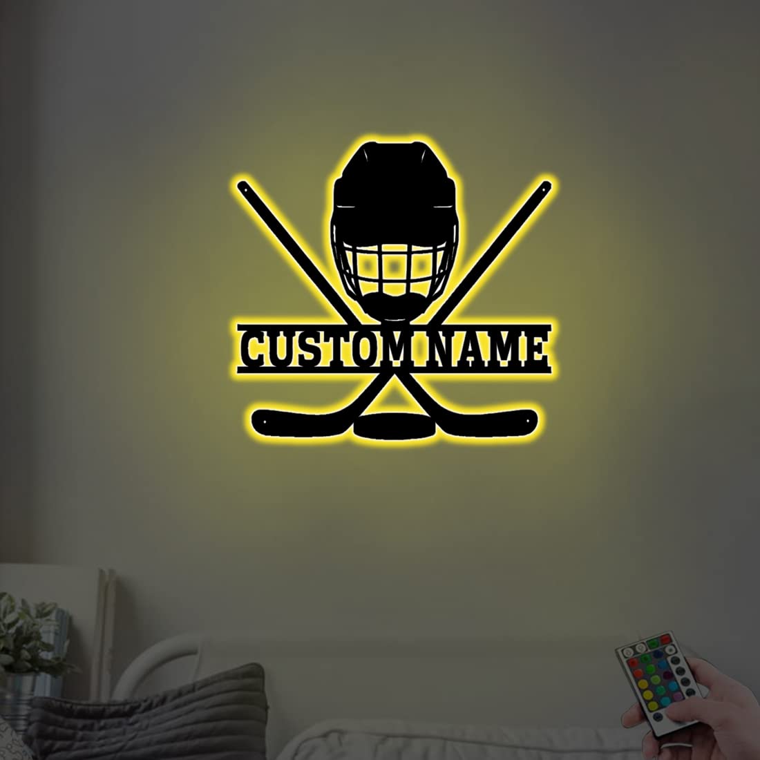 Insegna Luminosa LED Personalizzata Con Nome E Simbolo Hockey - 16 Colori Con Telecomando, Arte Da Parete In Metallo, Regalo Di Natale - 2
