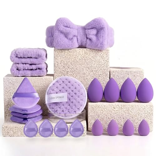 Image of 20pc Essential Makeup Sponge Kit Set - Soft-Touch Makeup Sponges for Cream & Liquid - Aesthetic Bow Spa Set & Wristbands - Under-Eye Precision Puffs & Blender Cleaner - Complete Beauty Organizer Kit for Girls & Women (Lavender Edition)