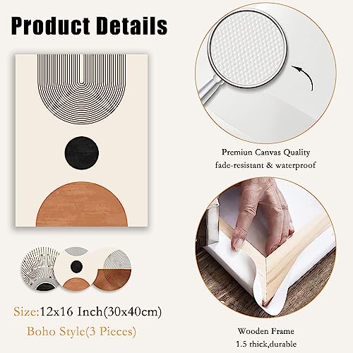 Abstract Boho Wall Art, Mid-Century Modern Wall Prints, Framed Canvas Wall Art For Living Room, Minimalist Neutral Beige Brown Sun Geometry Black Line Artwork Paintings, Modern Boho Room Decor Ready To Hang For Bedroom Bathroom Office (12"X16"X3) #TOP5