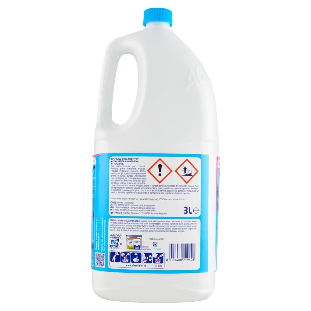 3x Ace Bleichmittel Candeggina Classica - Bleiche für Oberflächen und Wäsche 3Lt + Beni Culinari Kostenloser Schlüsselanhänger