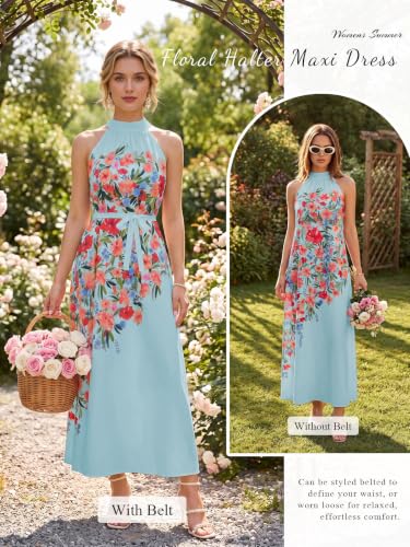 Womens Summer Floral Maxi Dress Halter Neck Sleeveless Sundresses Beach Vacation Wedding Guest Flowy Long Dresses with Belt Blue — view 4