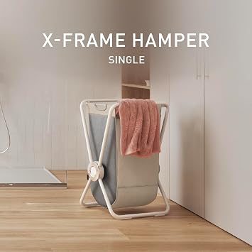 simplehuman X-Frame Hamper, Single Compartment Laundry Hamper for Bedroom Bathroom, Heavy-Gauge Steel Frame, Stain & Odor Resistant Machine Washable Bag, Easy Carry Steel Handles, White