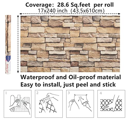 Arthome Rock Wallpaper Peel And Stick 17''X240'' Self Adhesive Contact Paper Waterproof Stone Brick Vinyl Film Wall Paper For Bedroom Living Room Fireplace Backsplash Wall Covering（Brown） #TOP6