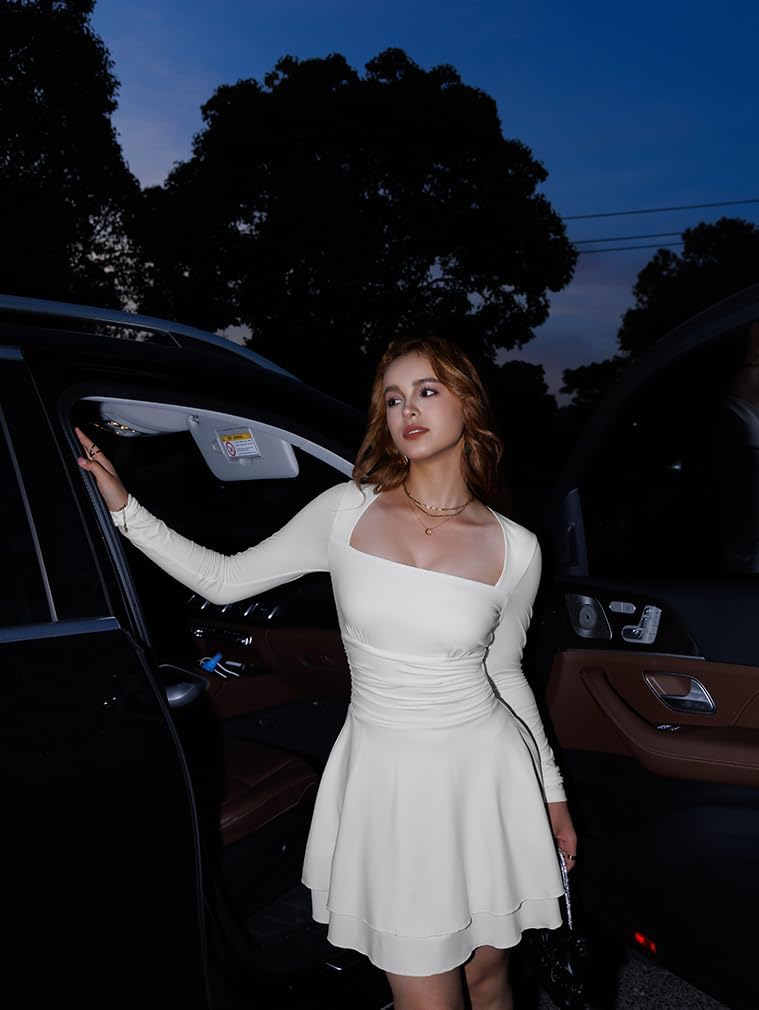 XXTAXN Women’s Sexy Long Sleeve Square Neck Flowy Hem Ruched High Waist Party Mini Dress with Side Pocket - Image 7