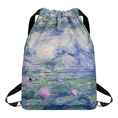 JooMeryer Monet Drawstring Backpack Large Capacity Front Zipper Pocket Yoga Gym Sports Beach Sackpack,Monet Water Lilies