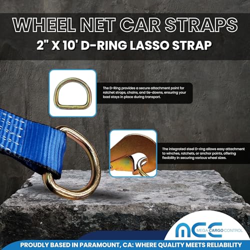 Image of Mega Cargo Control 4 Set 2 inch x 10' Wheel Lift D Ring Lasso Strap w / (4) 2 inch Ratchet, (4) Flat Snap Hook, (4) Lasso Winch Sleeve Protector - (Gift) | Ratchet Winch Tow Truck Hauling (Blue)