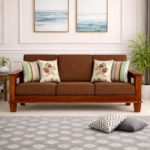 Image of Solid Sheesham Wood 3 Seater Sofa for Living Room | Couch Sofa for Living Room | Sofa Set Furniture for Home | Settee 3 Seater - Brown