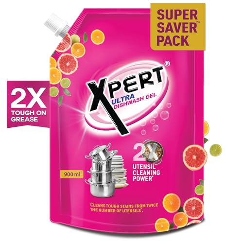 Image of Xpert Dishwash Liquid Gel 900 ml | 2X Cleaning Power | Tough on Grease | Residue Free | Gentle on Hands | Orange Fragrance | Refill Dishwash Soap Pouch For All Utensils
