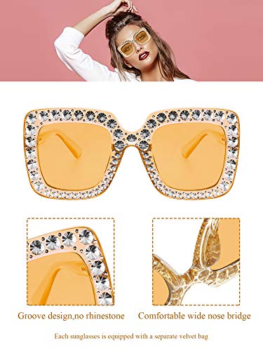 Frienda Oversize Square Glitter Sunglasses Sparkly Disco Sunglasses Retro Thick Frame Glasses for Women(Light Gray, Clear Pink, Clear Tawny, Light Yellow)4