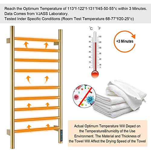 Vjass Heated Towel Rack, 9-Bar Towel Warmer Rack, Wall Mounted Electric Towel Warmer, Electric Towel Drying Rack With Timer, Brushed Gold Stainless Steel Heated Towel Warmer, Plug-In/Hardwired #TOP2