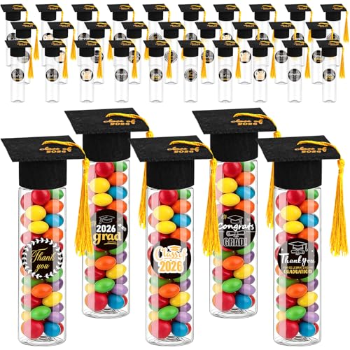 Image of FlorWave 30 Sets 2026 Graduation Candy Tubes Graduation Party Candy Boxes Containers Grad Cap Jars with Tassels Stickers Clear Plastic Party Favors for Graduation Decorations(Black)
