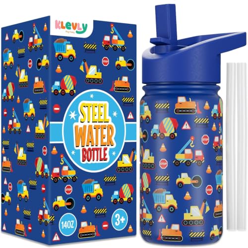 Klevly Stainless Steel 14 OZ Kids Water Bottle with Straw | BPA-Free Insulated Water Bottle with Leak-Proof Lid | Construction Design Bottle for School