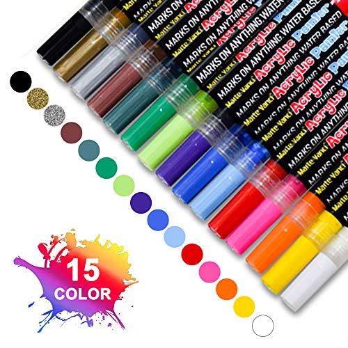 FAGORY Rotuladores Metálicos - 15 colores Rock Paint Kit Bolígrafos para hacer tarjetas, álbumes de recortes, álbum de fotos DIY, plástico, vidrio, piedra, ropa y cerámica, punta extrafina de 0,7 mm