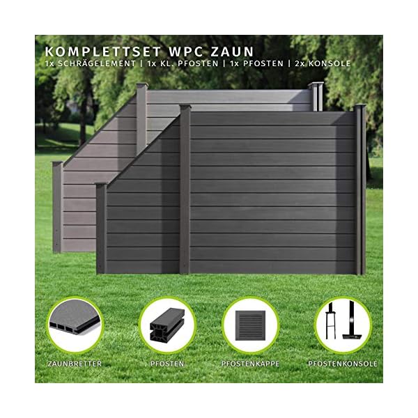 HORI® WPC-Zaun I Sichtschutz-Zaun, Steckzaun, Gartenzaun Komplettset I beidseitig glatt I 1x Schräg + 2x Pfosten I zum… – Bild 3