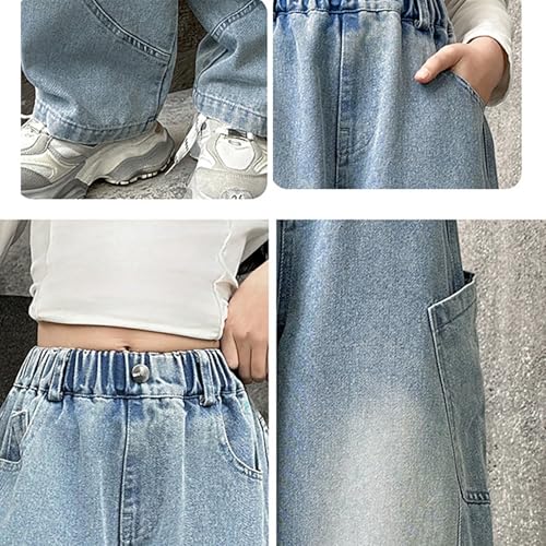 Girls Wide Leg Baggy Jeans Hip Hop High Elastic Waist Denim Pants Teen Streetwear Distressed Washed Loose Trousers3